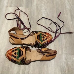 Mexican Multicolor Real Leather Lace Up Flats Shoes Sz 9